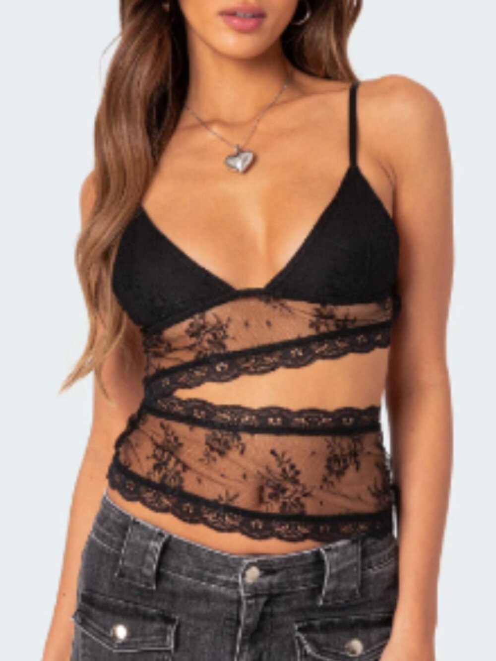 Edikted Spice Cut Out Sheer Lace Tank Top Black Size Small